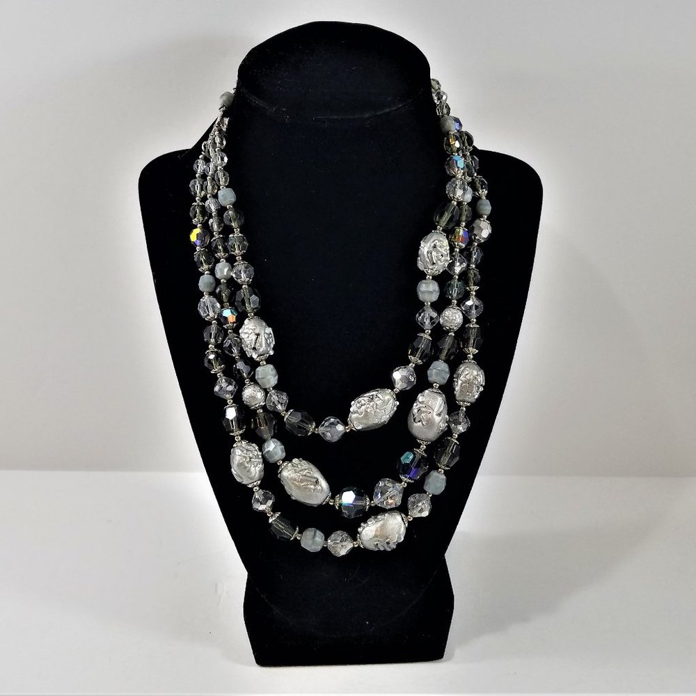 Necklace 3 Strand Facetted Glass & Metal Embossed Beads